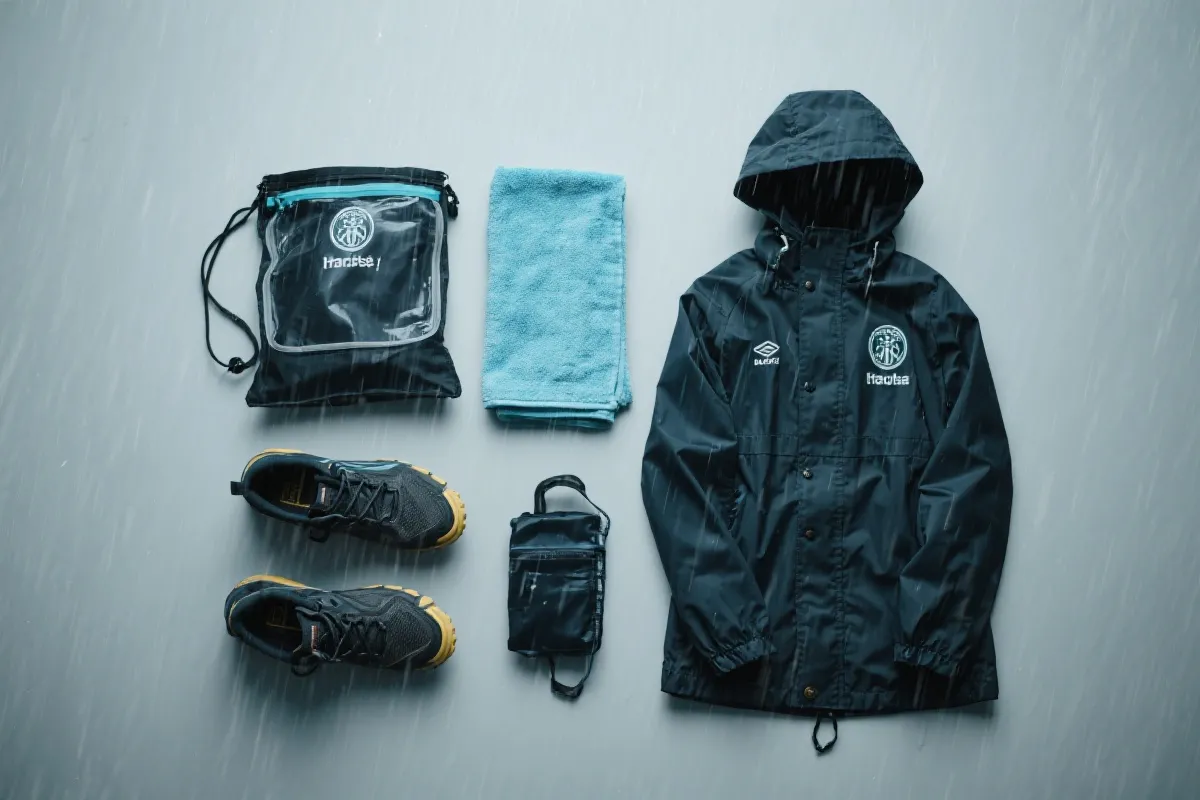 球迷雨天出行与装备细节，如雨衣、防水鞋套、快干毛巾