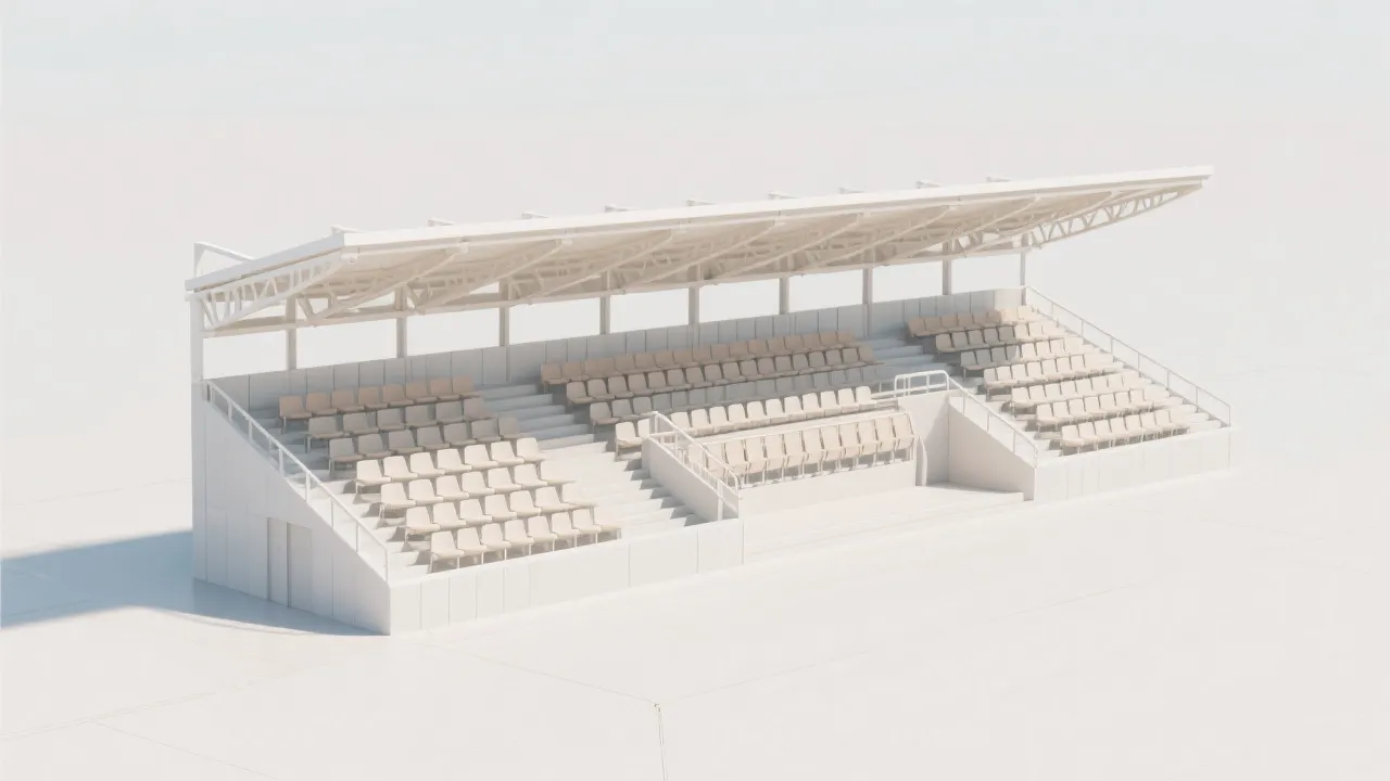 模块化可拆卸看台结构示意，装配式构件与循环材料概念图