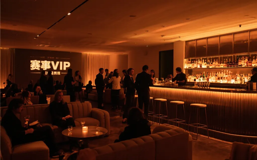 赛后VIP闭门派对空间，暖色灯光与吧台，人们轻松交谈，氛围高端